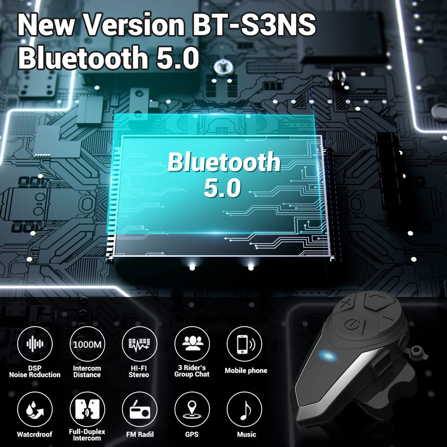 Yaconob Motorcycle Bluetooth Headset BT-S3NS 1000m Motorcycle Helmet Bluetooth Radio Intercom Wireless Interphone to 2-3 Riders (Waterproof/Handsfree/Stereo Music/FM Radio/GPS/MP3 (2 Pack)