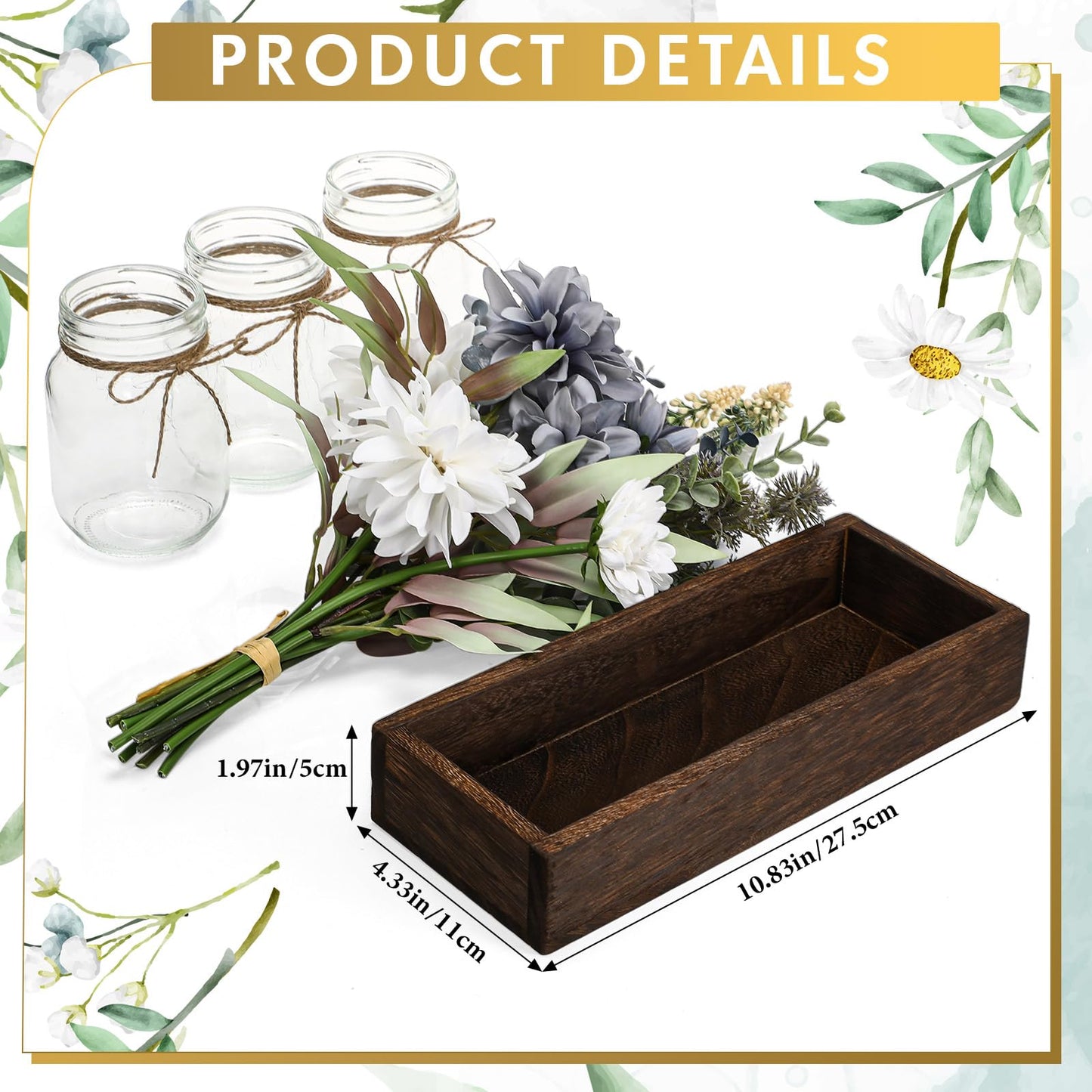 Baderke 3 Pcs Mason Jar Centerpiece Table Decorations, Fake Flowers Artificial Blue Flowers, Rustic Spring Centerpieces Decor with Wood Tray and Light, Table Decorations for Home Kitchen Living Room