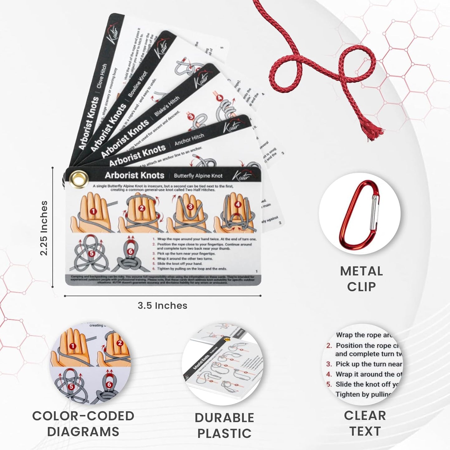 Arborist Knots Card Set - 10 Essential Knots for Camping, Climbing, & More - Waterproof Pocket Guide with a Carabiner