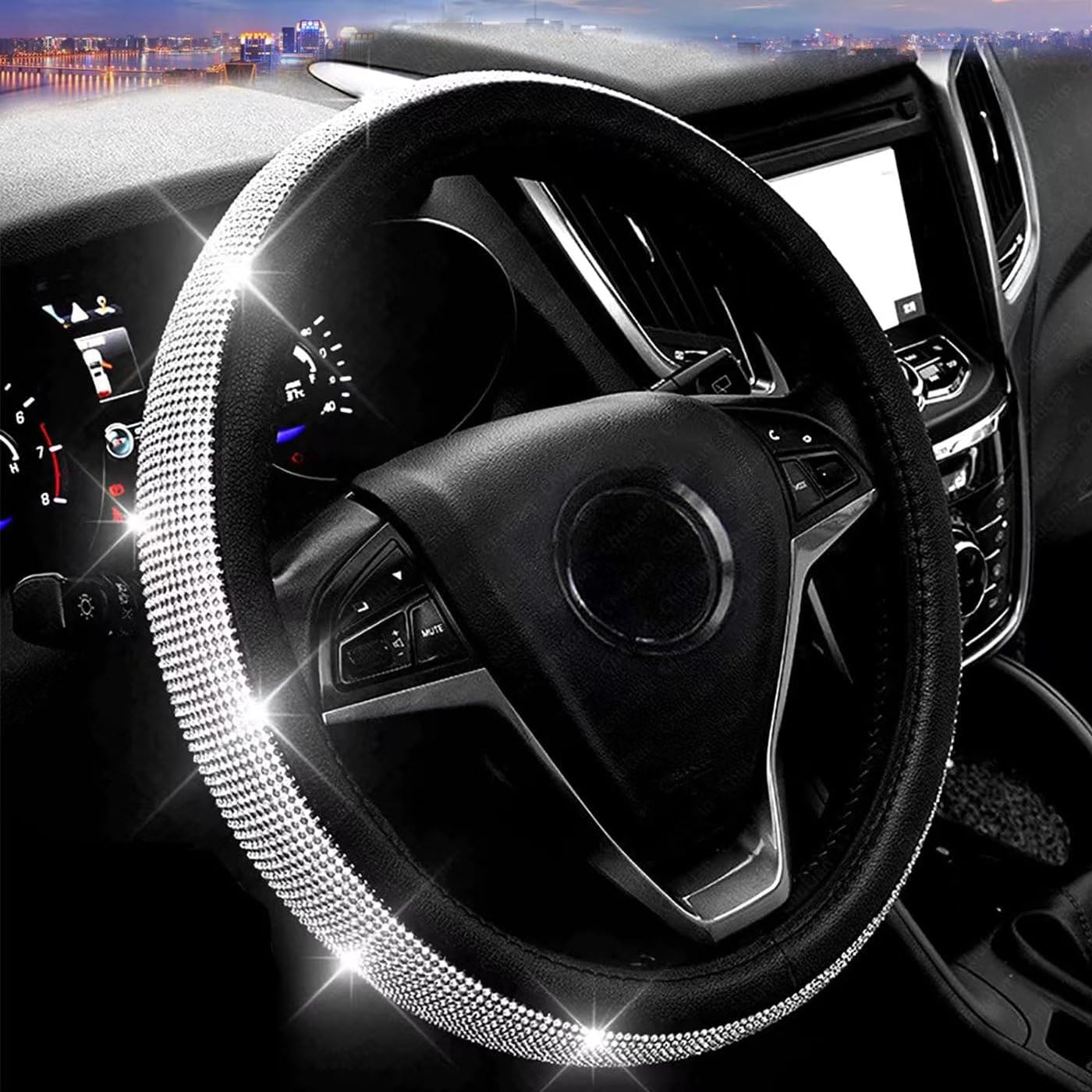 Steering Wheel Cover Women Pink Bling Diamond Steering Wheel Cover, Leather Cute Steering Wheel Covers with Crystal Rhinestones, Breathable, Anti-Slip Universal Fit 14-15 Inch Bling Car Accessories