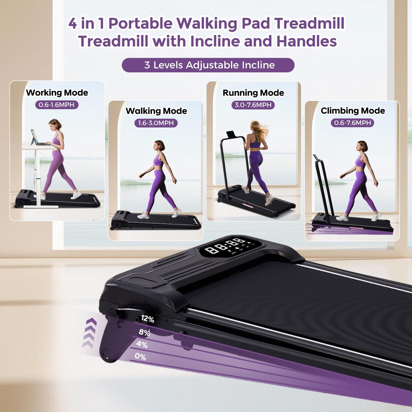Portable Foldable Walking Pad with Handle Bar and Adjustable Incline, Under Desk Walking Pads Treadmill with Incline and Handles, 3.5HP Folding Electric Treadmills for Home Small, 0.6-7.6MPH, 350LBS