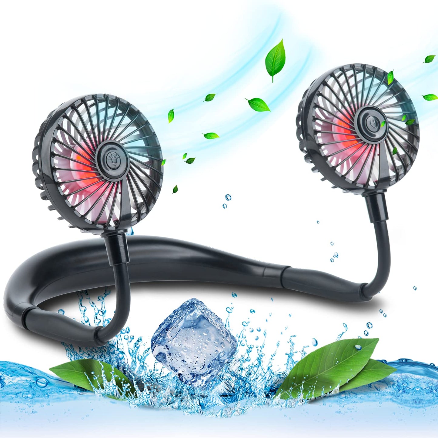 VAGAU Portable Cooling Neck Fan, Rechargeable USB Personal Neck Fans with Colorful LED lights, 360° Rotation, Wearable Neck Fan Air Conditioner for Office Travel Sport, 3 Adjustable Speeds(Black)