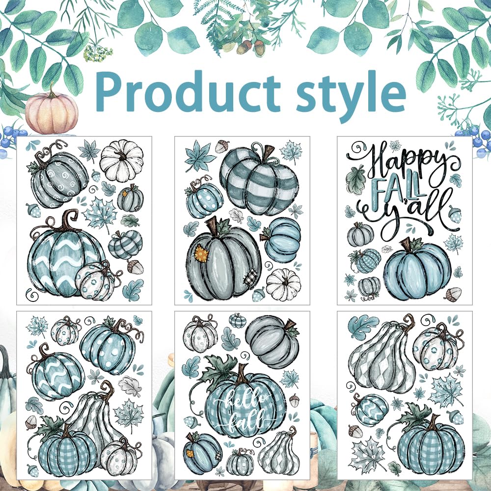 YUJUN 6 Sheets Thanksgiving Fall Window Clings, Pumpkin Maple Leaves Blue Oil Painting Decals Stickers for Autumn Glass Home Decor and Fall Decoration