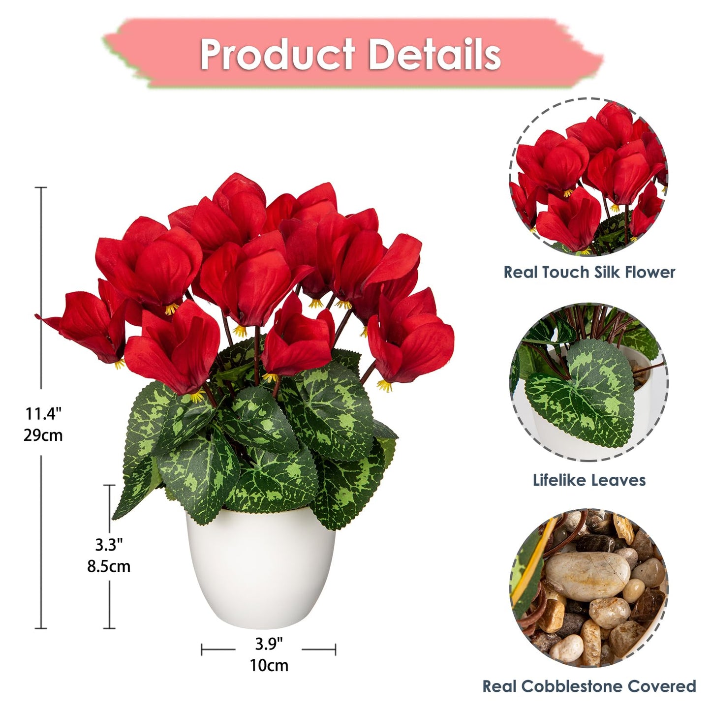 Hollyone Artificial Cyclamen Flowers Plant Potted Fake Silk Flowers Plants in White Pot Faux Red Cyclamen Flowers Arrangement Home Decor Office Bathroom Shelf Desk Decorations