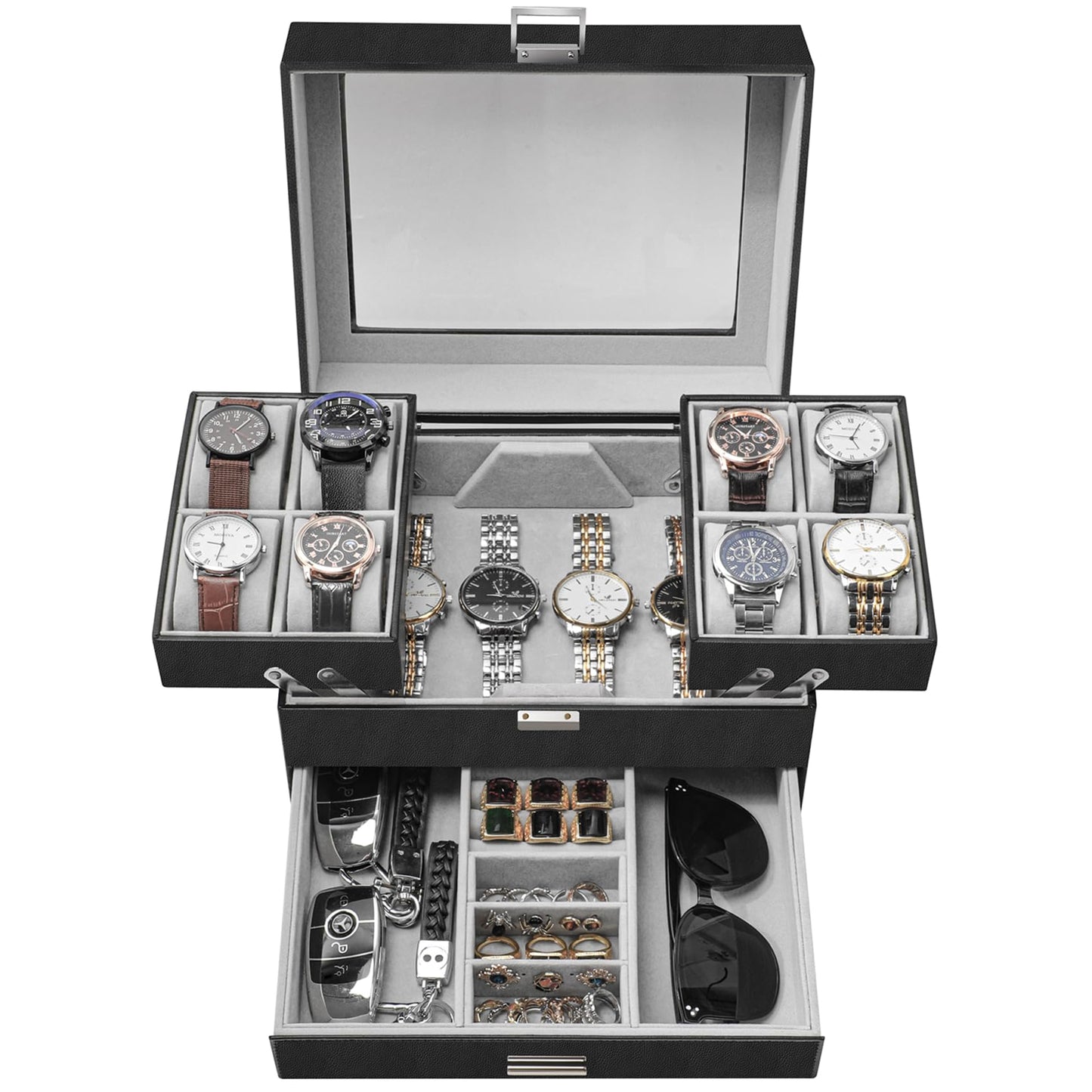 Dajasan Watch Box, Watch Case for Men, 8 Slot Watch Display Case, 3 Layers Large Sunglass Storage Organizer for Watch, Ring, Jewelry, Gift Idea, PU Leather (Black)