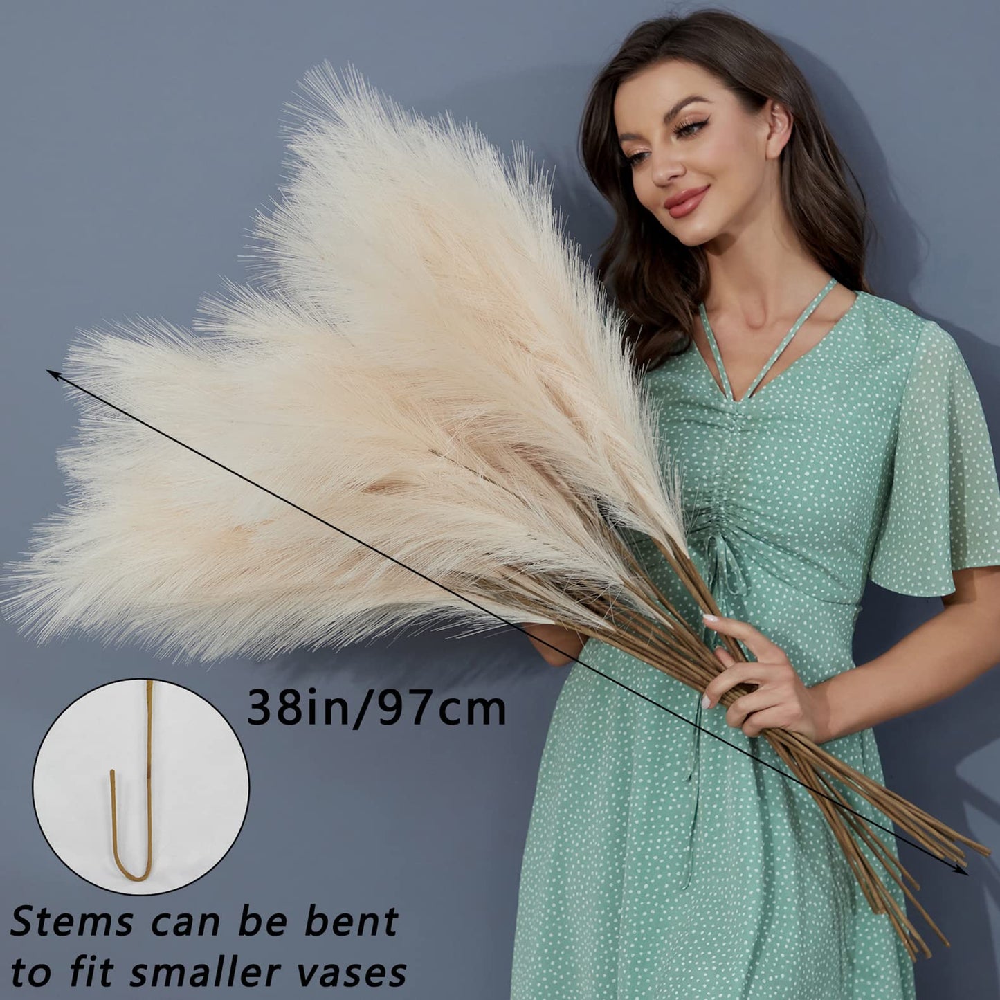 FOTEEWL 8 PCS Faux Pampas Grass Decor 38"/3.1FT Tall Fake Pompas Floral Large Artificial Pompous Grass Branches Plants for Floor Vase Filler Home Boho Decoration (Cream/Beige)