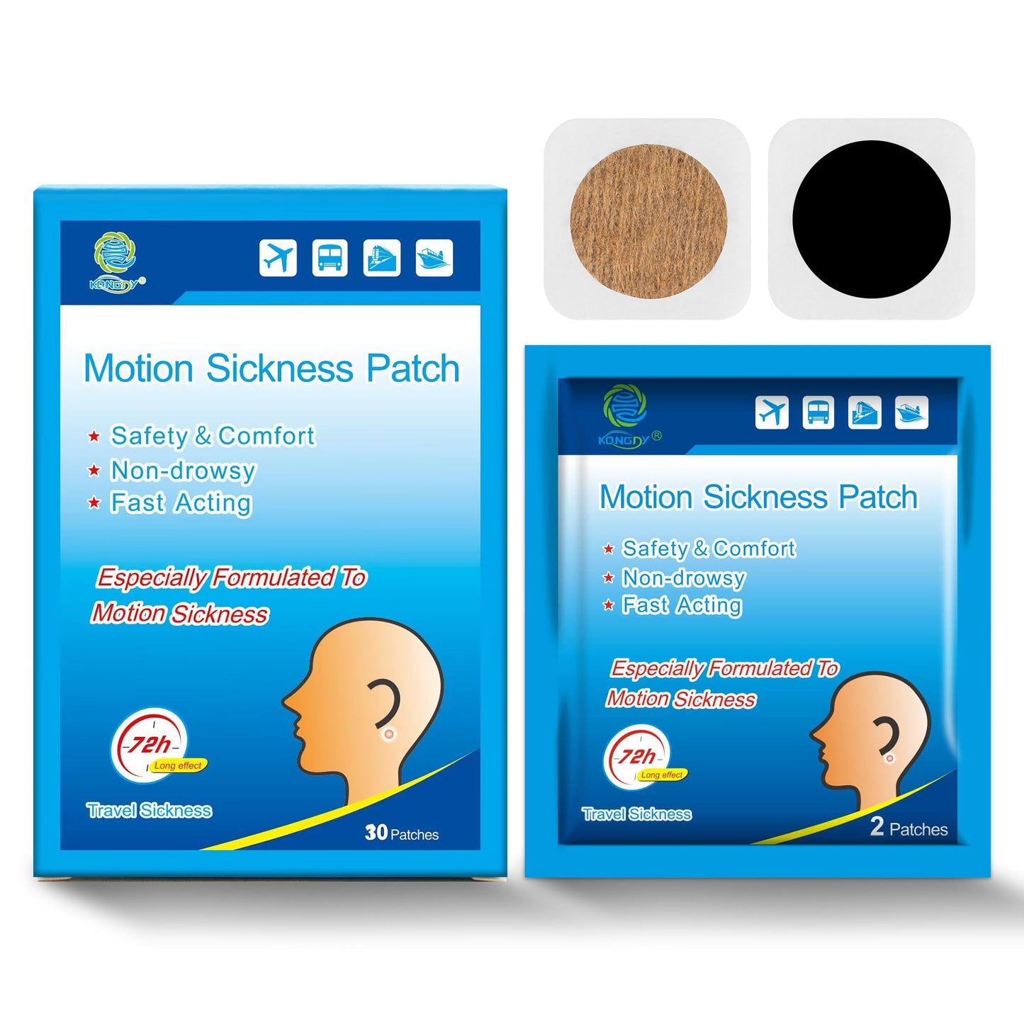 KONGDY 30 Counts Motion Sickness Patches for Boat Rides, Car Trips, Airplane Travel, Cruise Ship and Other Forms of Transport, Non Drowsy, Travel Essentials for Adults and Kids