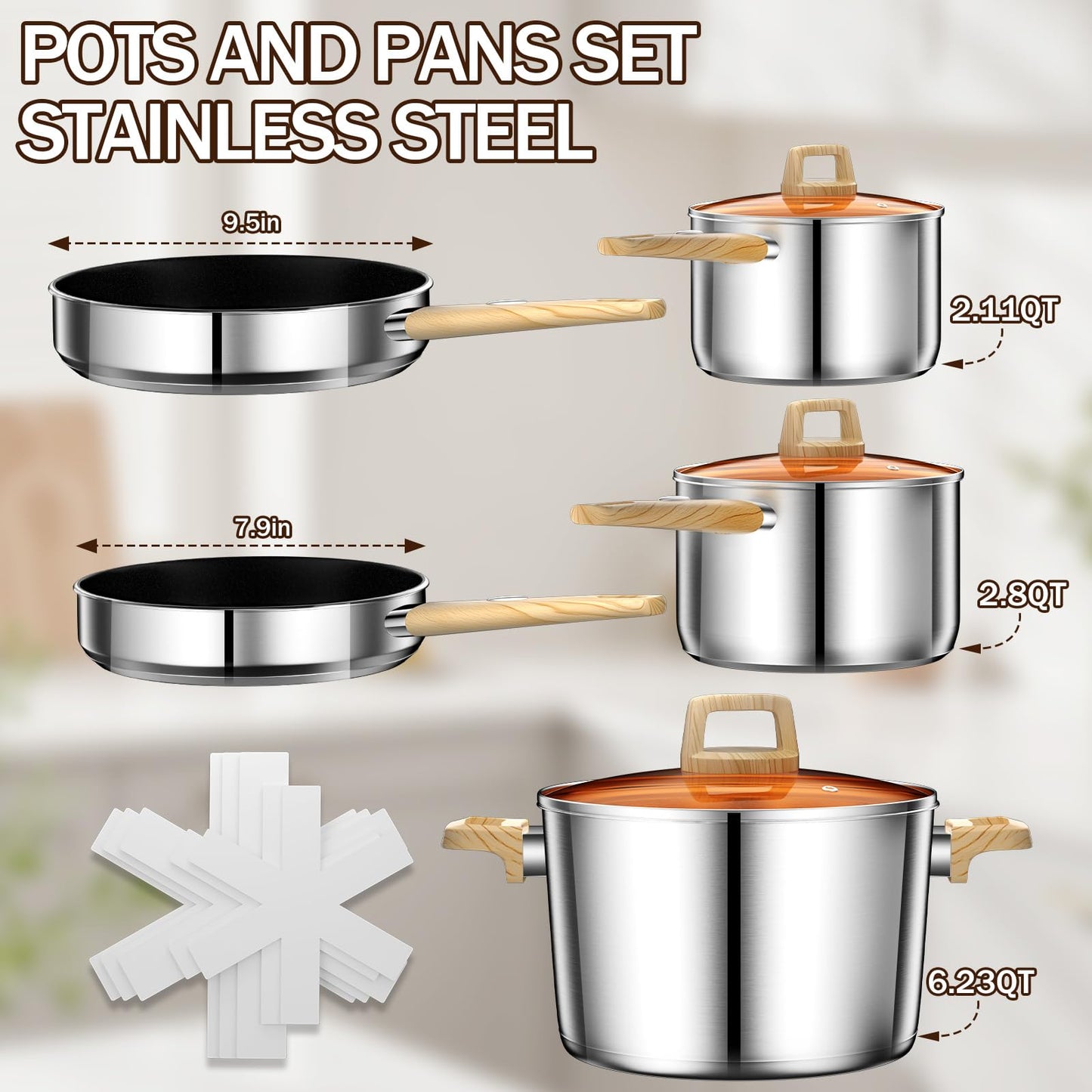Stainless Steel Pots and Pans Set, 13 Pcs Cookware Set, RV Kitchen Cooking Set w/Non Stick Frying Pans & Saucepans & Lids & Stay-cool Wooden Handle, Induction Oven Dishwasher Safe, Non Toxic