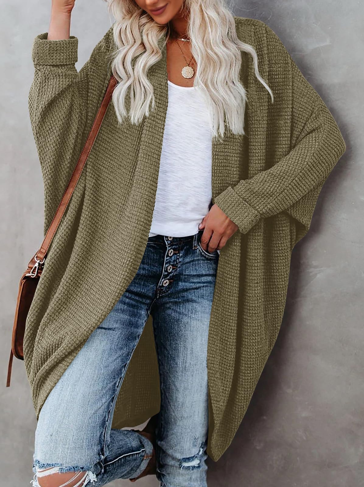 ZoeAce Womens Open Front Knit Cardigan Long Batwing Sleeve Oversized Sweater Chunky Waffle Cable Boho Pockets Coat Olive