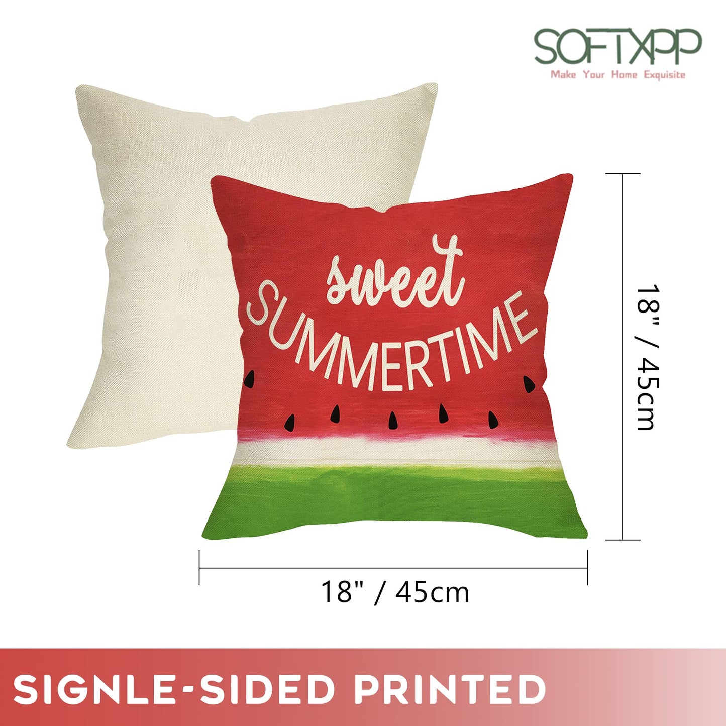 Softxpp Sweet Summer Time Decorative Throw Pillow Cover, Red Watermelon Sign Cushion Case Seasonal Rustic Home Decorations, Green Farmhouse Square Pillowcases Cotton Linen Decor for Sofa Couch 18 x 18