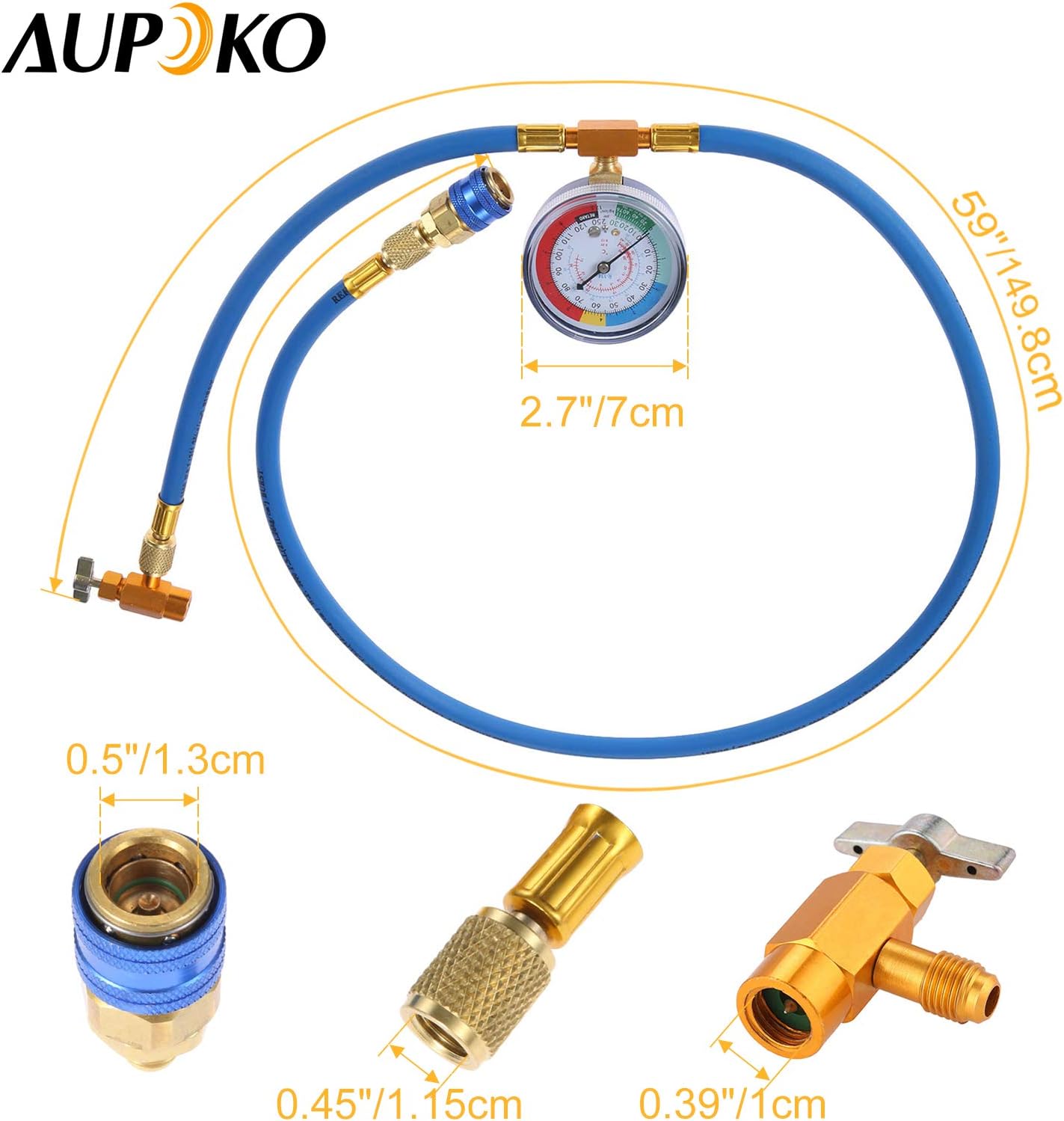 Aupoko R134A Car AC Refrigerant Charge Hose, AC Charge Hose with Gauge, R134A Can Tap Valve, R134A Quick Couple, Low Pressure Gauge and 59'' Recharge Hose