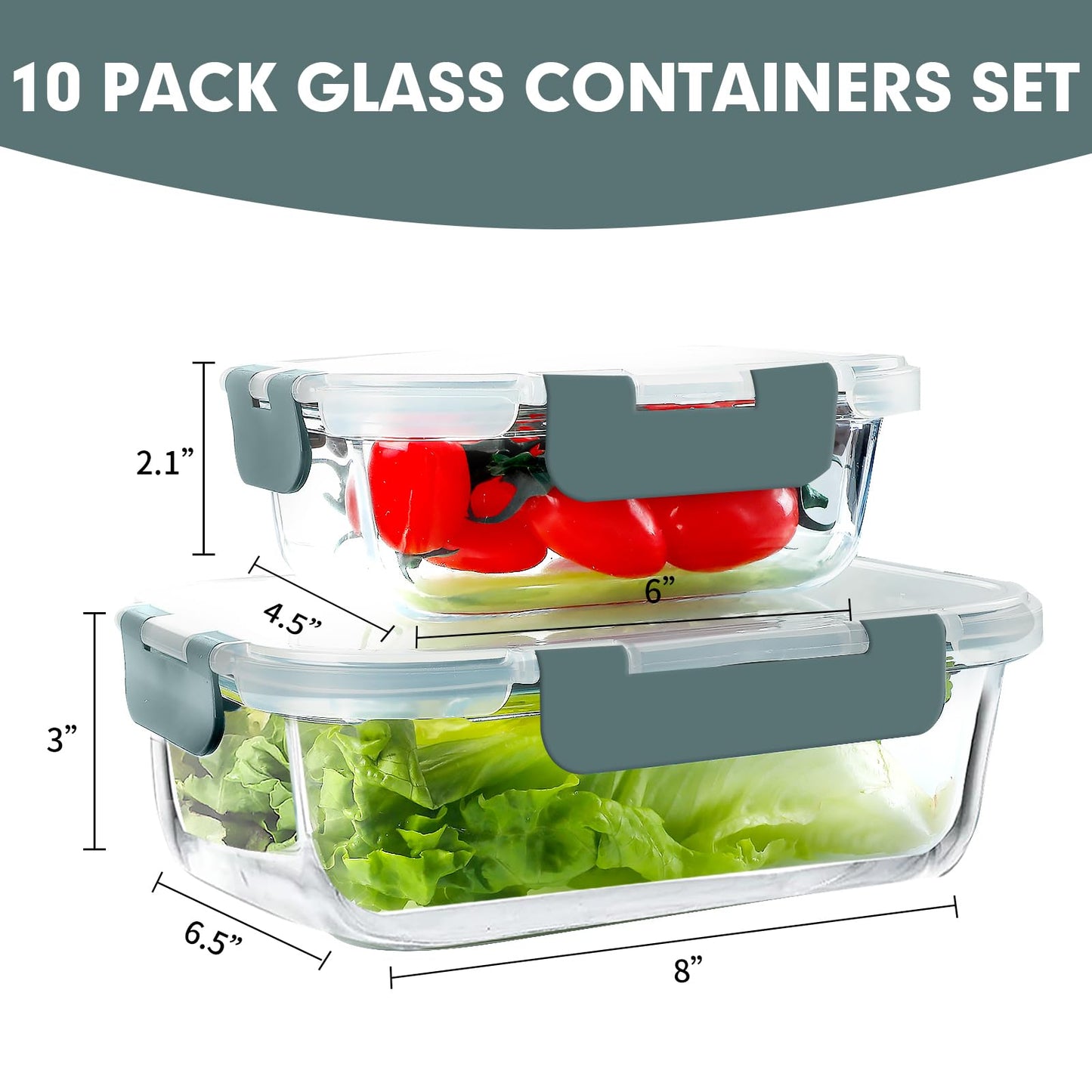 VERONES 10 Pack Glass Meal Prep Containers, Airtight Glass Lunch Containers, Stackable Glass Food Storage Containers Set with Lids,Exclusive of BPA,for Microwave, Oven, Freezer & Dishwasher,Grey