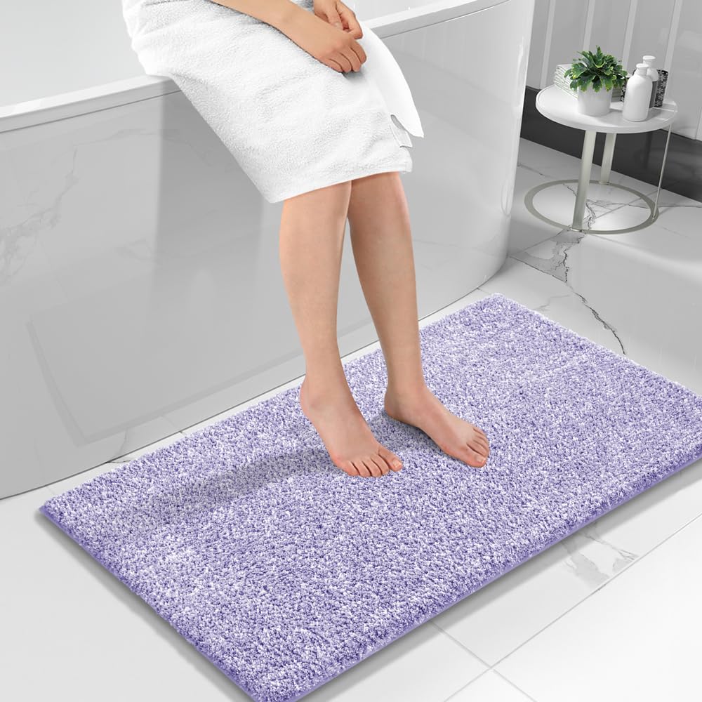 Yimobra Bathroom Rugs Non Slip Washable, Extra Soft Comfortable Bath Mat, Water Absorbent Thick Floor Mats, Shaggy Rugs for Shower Bathtubs, 24"x17", Grey&White