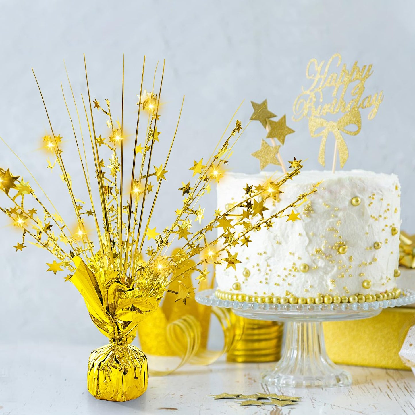12 Pack Metallic Foil Spray Centerpiece with LED String Lights Star Table Decoration Burst Table Centerpieces for Birthday Graduation Wedding Anniversary Holiday Party Supplies Decor, Gold