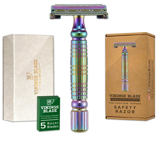VIKINGS BLADE Double Edge Safety Razor for Men + 5 Swedish Steel Blades + Luxury Case. Smooth, Reusable, Eco-Friendly (The Chieftain)