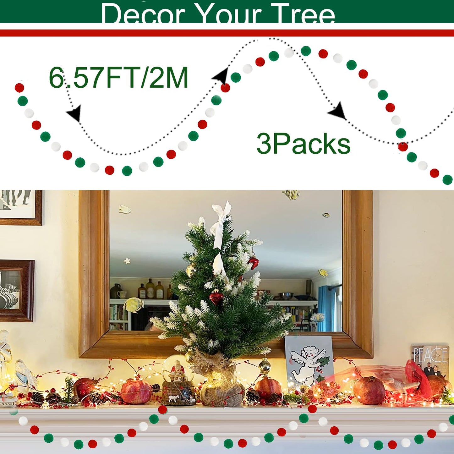 3PK Christmas Pom Pom Garland Christmas Decorations for Tree Indoor Home Room Decor Cute Hanging Felt Ball Red White Green Pompom Bead Ornament String Banner Garland Xmas Birthday Party Supplies