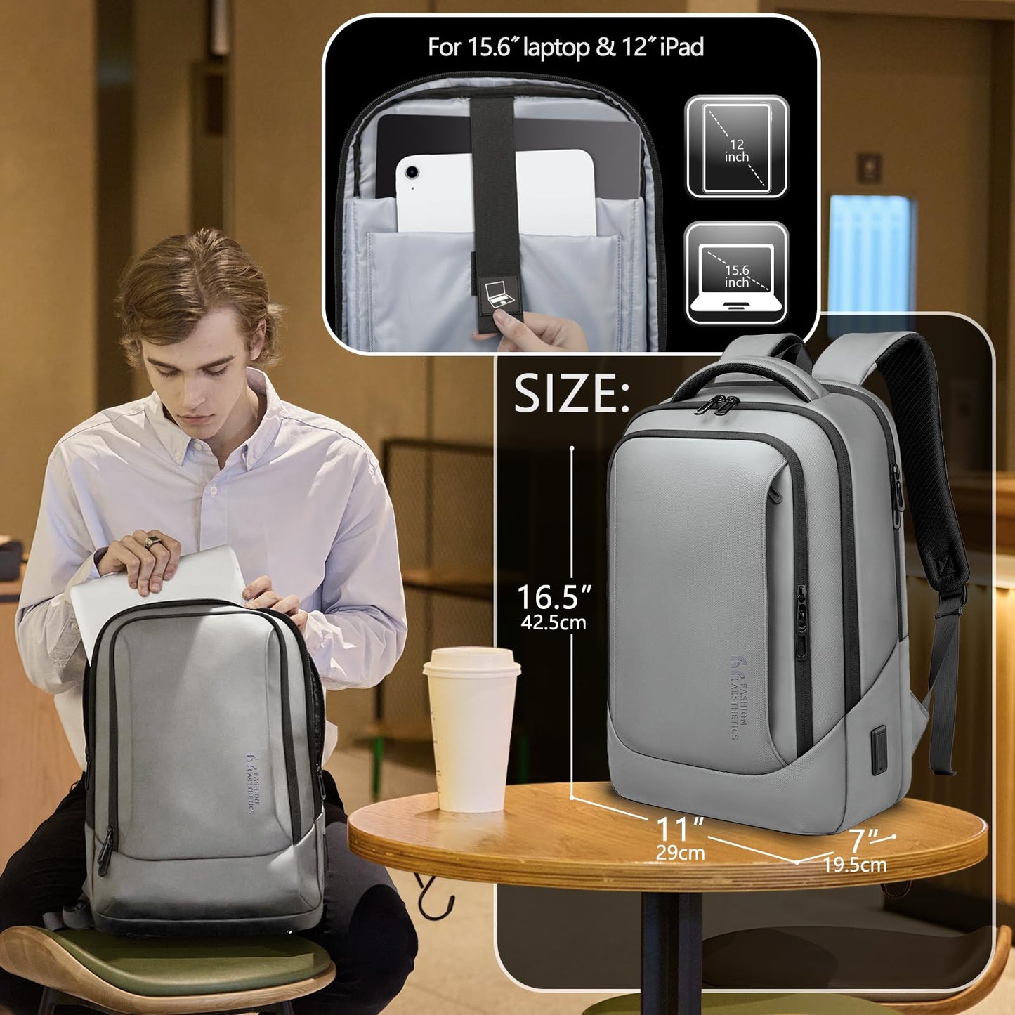 hk Laptop Backpack for Men with USB Charging Port Water-Resistant for 15.6 Inch Computer Bag Durable High-Tech Daypack Casual Backpack for Business Work College Weekender Travel- Grey