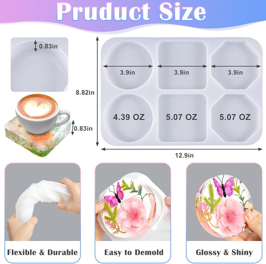 Deep Coaster Resin Molds Silicone Octagon Round Square Silicone Molds for Resin Epoxy Resin Casting Craft Mold for Flower Preservation DIY Art