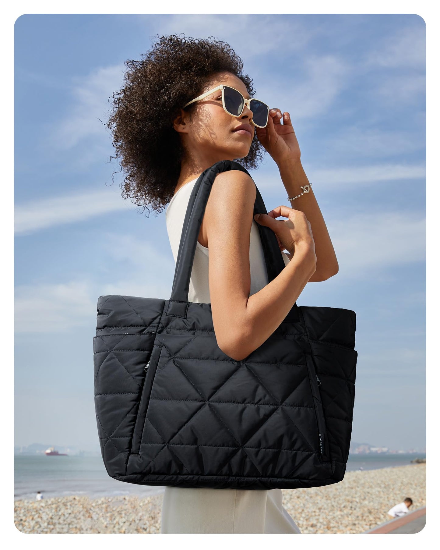 BAGSMART Tote Bag for Women, Puffy Tote Bag with Zipper, Large Quilted Shoulder Bag with Compartments for Travel, Work, Gym (Black)