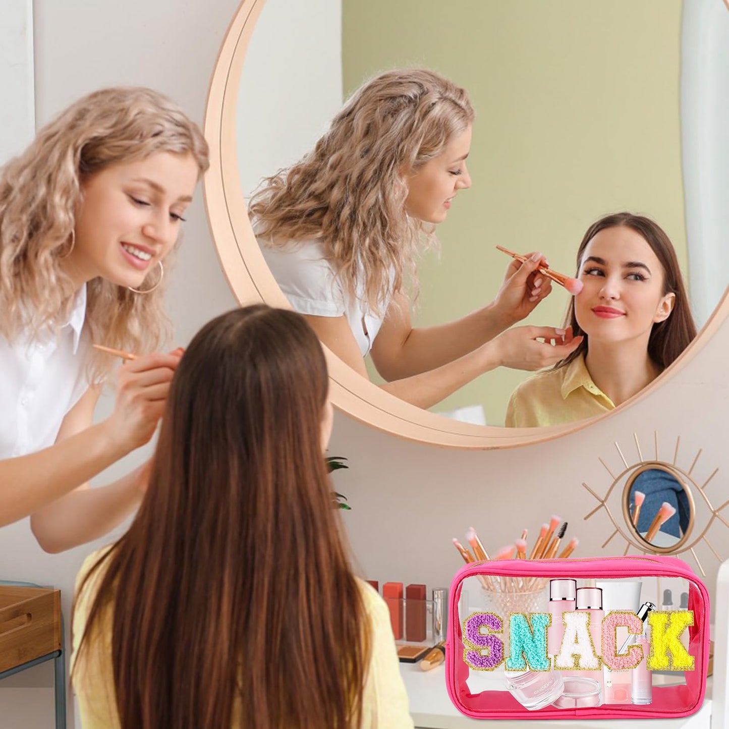 URSKYTOUS Chenille Letter Clear Makeup Bag Large Travel Preppy Patch Snack Cosmetic Bag with Zipper Cute Makeup Pouch Transparent PVC Waterproof Toiletry Organizer Storage for Women Girls (Hot Pink)