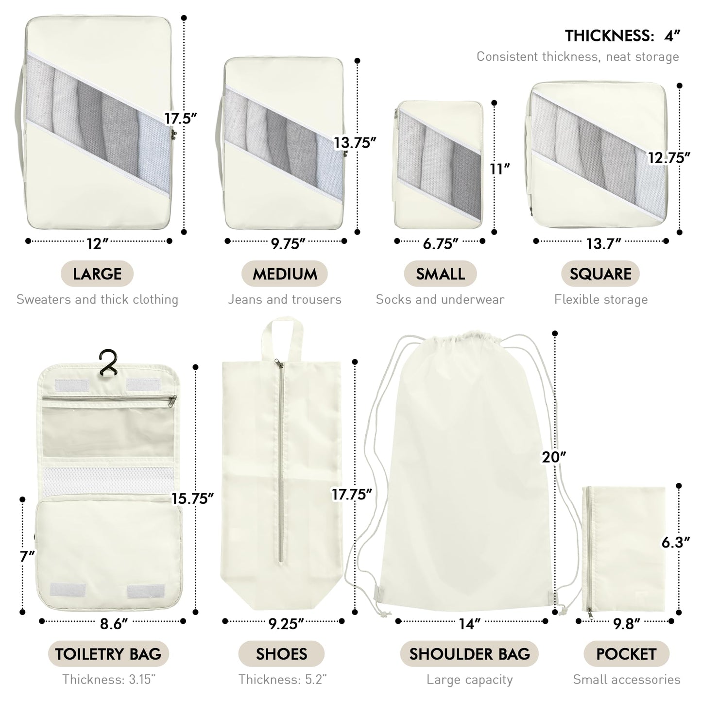 WVM Packing Cubes for Travel, 8 Set Luggage Organizer Bags with Shoe Bag, Toiletry Bag & Laundry Bag, Travel Accessories Essentials Packing Organizer, Beige