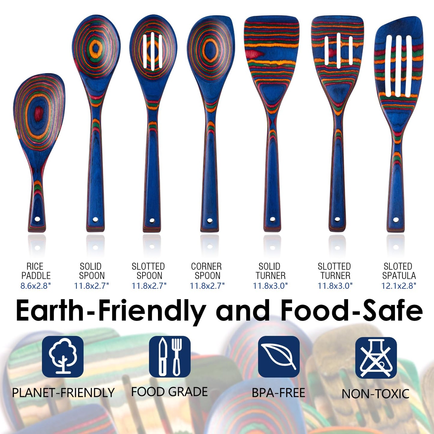 Wooden Spoons for Cooking, 7 Pcs Pakkawood Wooden Kitchen Cooking Spoon Utensil Tools Set Includes Spatula Corner Spoon Rice Paddle Friendly to Non-Stick Cookware by HOWHONG (Spectrum)