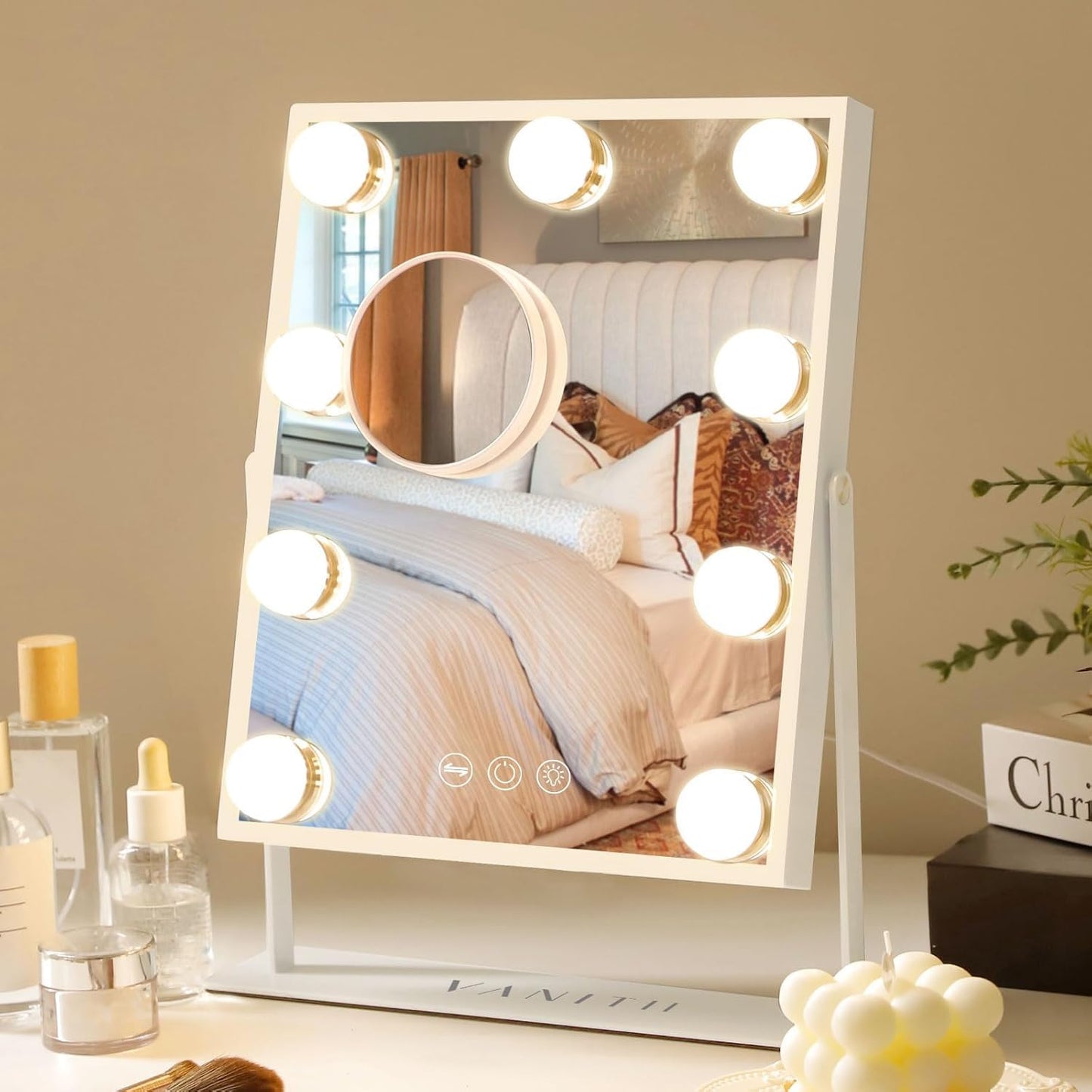 VANITII Vanity Mirror with Lights Hollywood Lighted Makeup Mirror with 9 Dimmable Bulbs Smart Touch Control 3 Colors Light for Bedroom, Detachable 10X Magnification, 360°Rotation