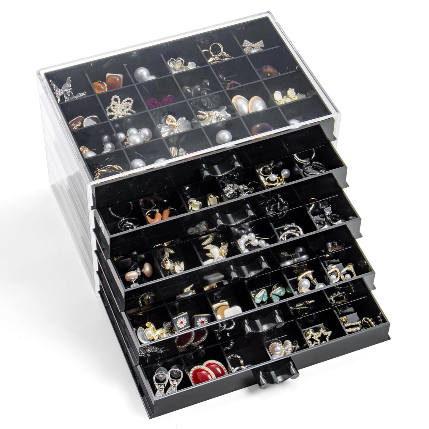 Earring Storage Box Organizer, Acrylic Jewelry Storage Box Holder 5 Drawers Transparent Jewelry Display Stand with 120 Small Compartments Gift Boxes for Women Girls (Clear)