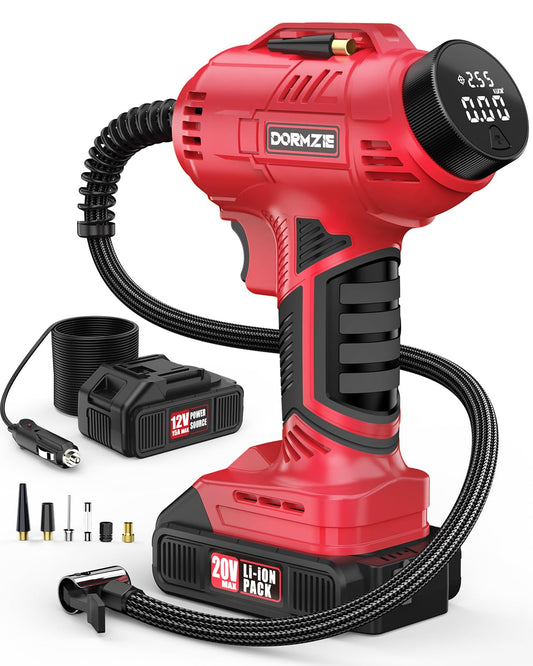 Tire Inflator Portable Air Compressor, 150 PSI Handheld Air Pump for Car Tires with 20V Rechargeable Battery, 12V Car Power Adapter, Digital Display, Ball, Motorcycle, Bike Pump