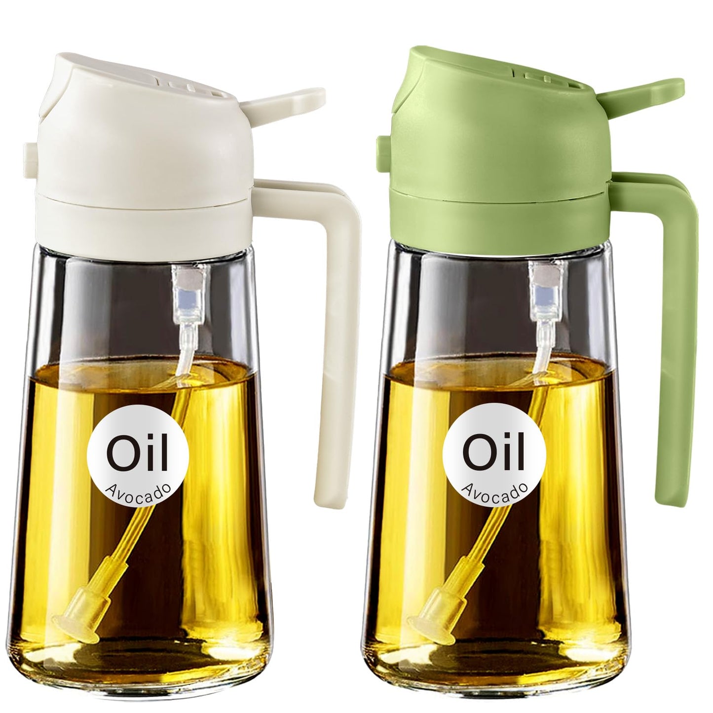 YARRAMATE 2Pcs 16oz/470ml 2 in 1 Oil Sprayer for Cooking with Stickers, Food-grade Glass Oil Spray Bottle, Oil Dispenser and Oil Sprayer for Kitchen, Salad, Frying, BBQ (White & Green)