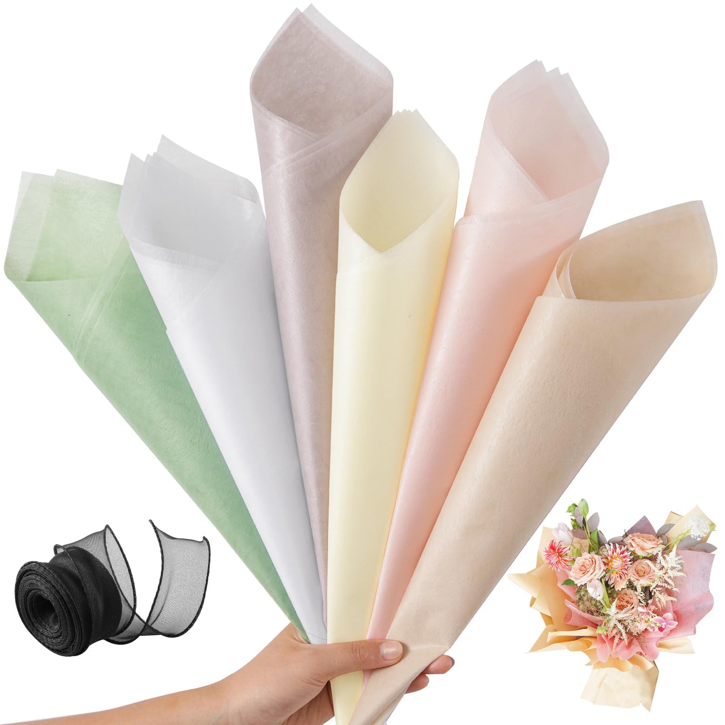 VinTS 48 Sheets 23.6x23.6in Cotton Wrapping Flower Lining Paper,Korean Style Of Waterproof Floral Bouquet Lining Paper Withdrawable Pleated Wrapping Paper Gift Packaging Paper,6 Colors