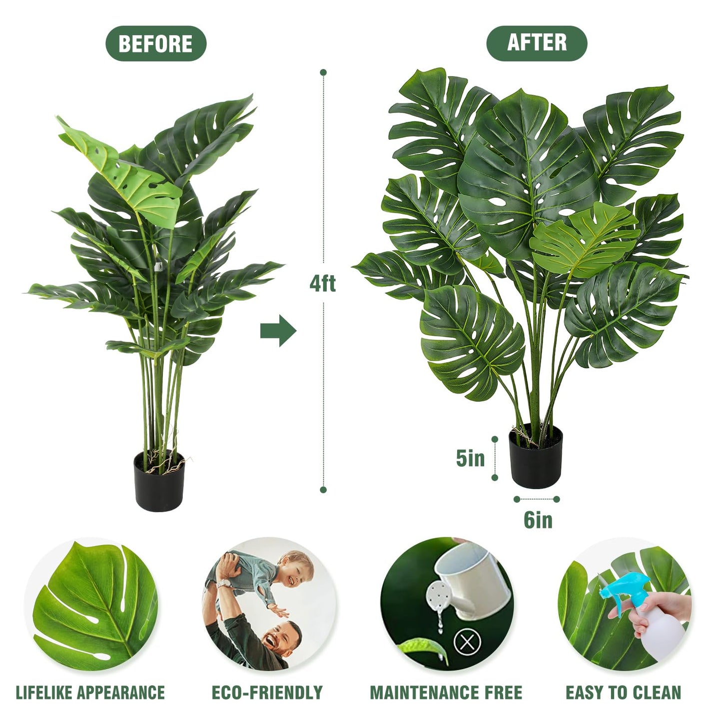 FLOWORLD Artificial Monstera Plant 4FT Tall Fake Swiss Cheese Plant Potted Faux Tropical Floor Plants Indoor Decorative House Plants Artificial Palm Trees for Home Office Living Room Decor, 2 Pack