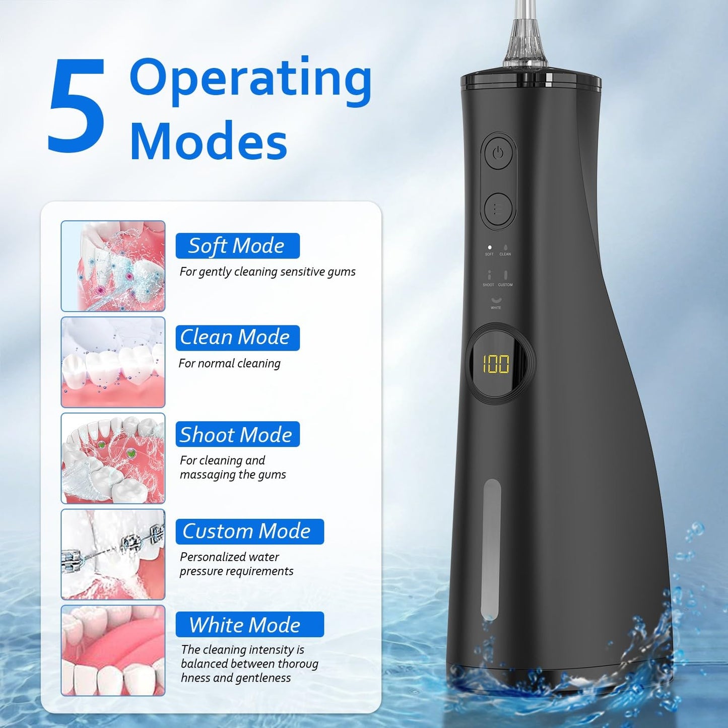 Water Dental Flosser Electric Oral Irrigator 300ML Large Tank 5 Replaceable Jet Tips IPX7 Waterproof Teeth Cleaner Flossing Cleaning Picks for Home and Travel
