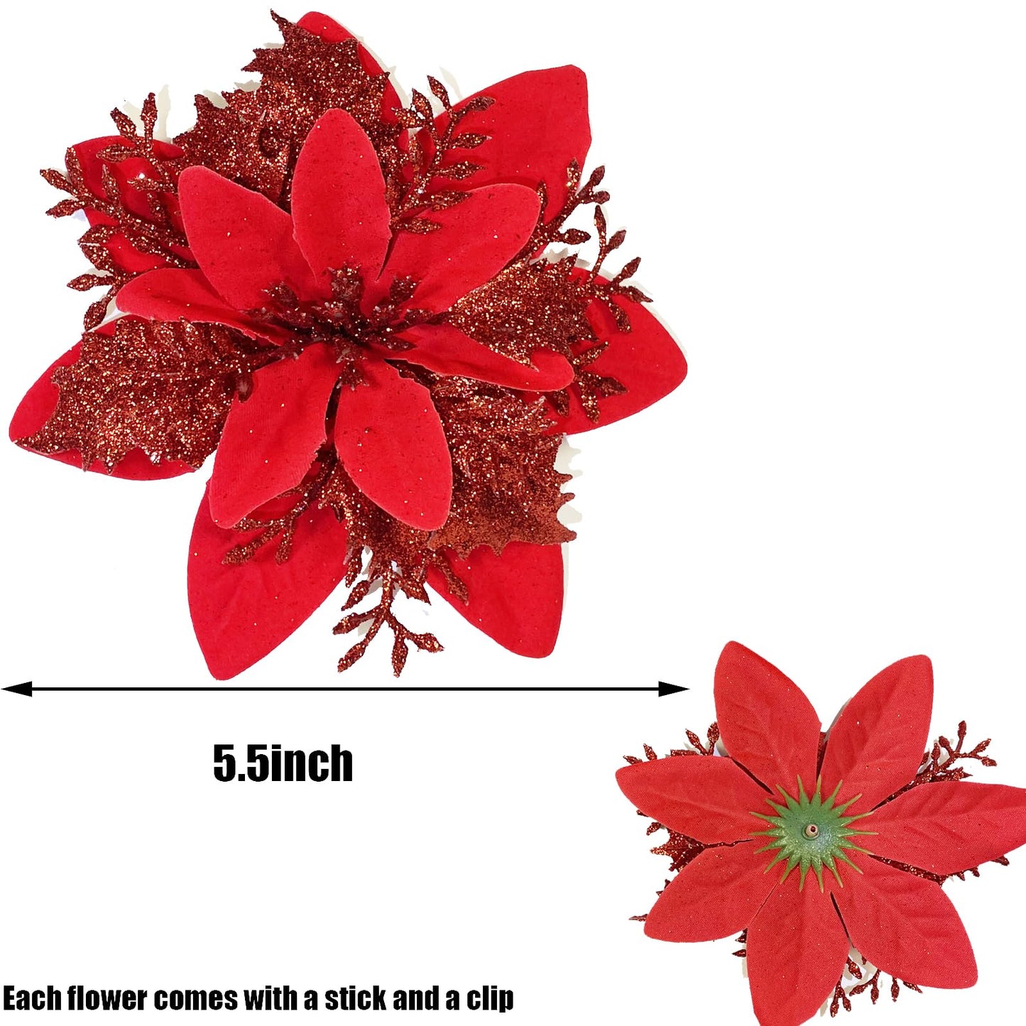 24 Artificial Red Poinsettia Flower Clips with Stems,Red Christmas Ornaments for Tree Decoration with Clips Stems Fake Poinsettias Flowers Home Party Christmas Decor