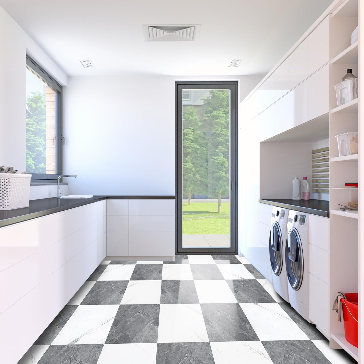 Yipscazo 32-Pack Peel and Stick Floor Tiles, 12" x 12" Stone & Jazz White Vinyl Flooring, Waterproof Self Adhesive Tile for Bathroom, Kitchen, RV, DIY Renovation