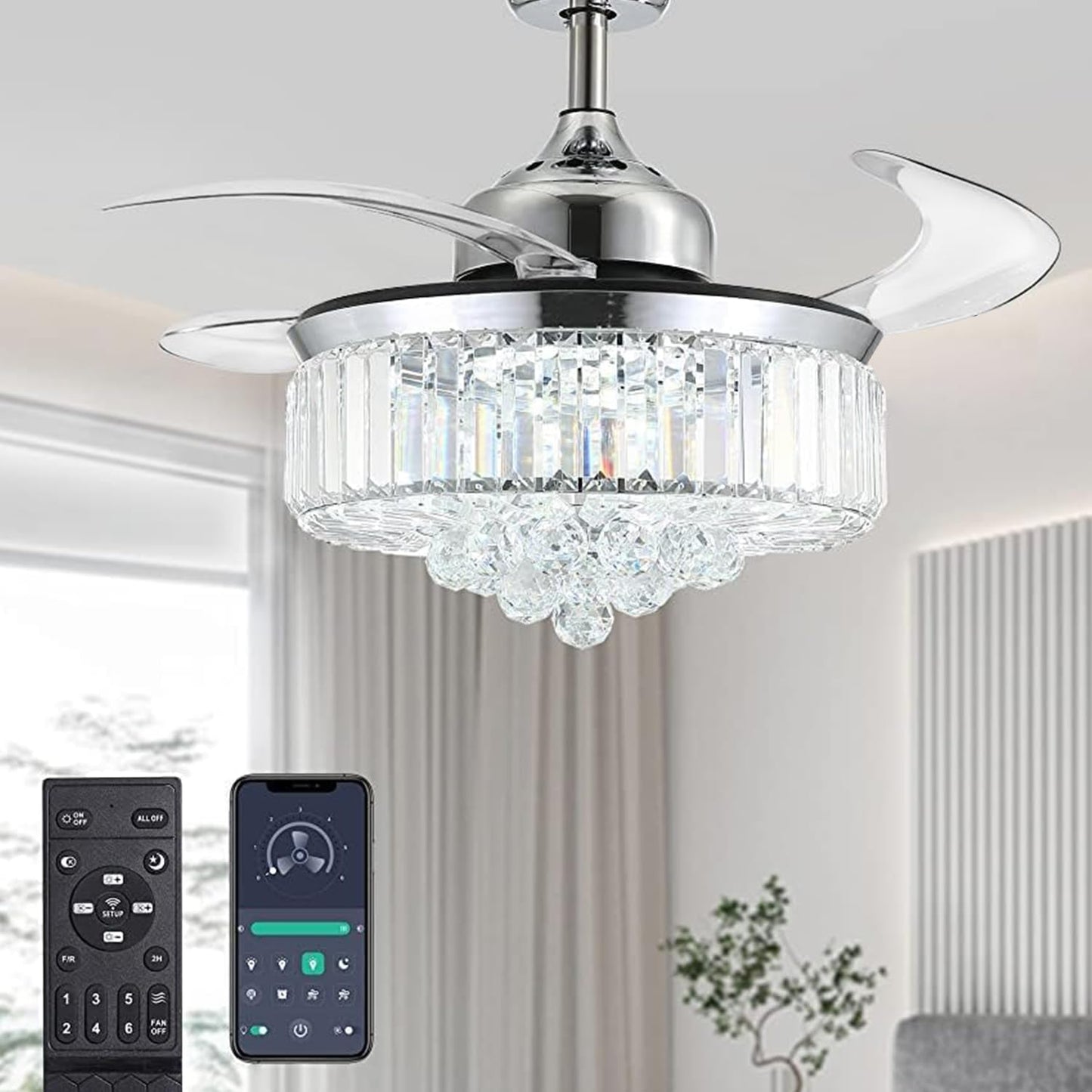 Moooni Dimmable Fandelier Crystal Ceiling Fans with Lights and Remote Modern Invisible Retractable Chandelier Fan LED Ceiling Fan Light Kit -Polished Chrome 36 Inches