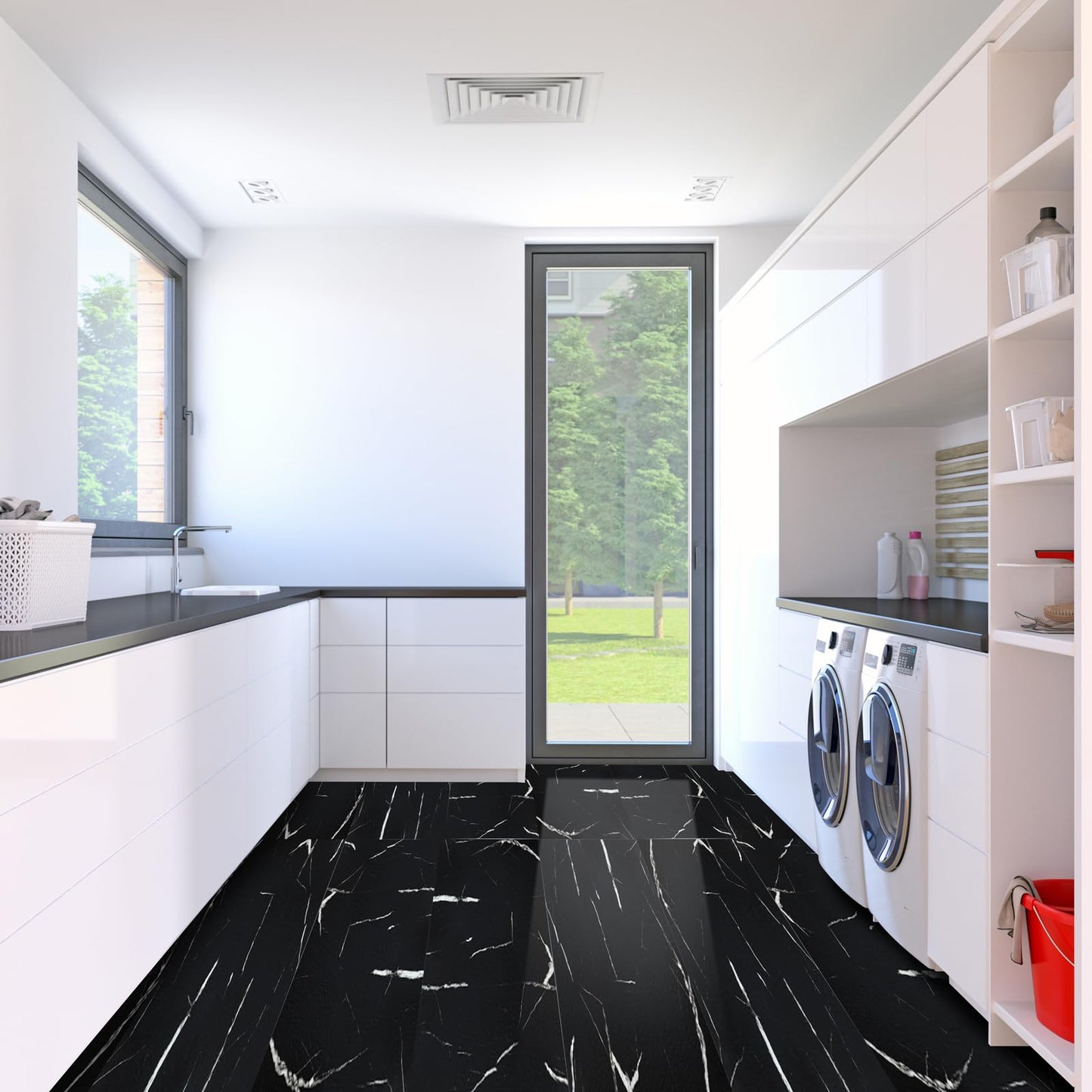 Yipscazo 32-Pack Peel and Stick Floor Tiles, 12" x 12" Diamond Black Vinyl Flooring, Waterproof Self Adhesive Tile for Bathroom, Kitchen, RV, DIY Renovation