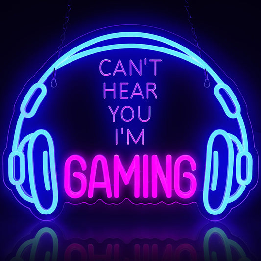 Gaming Neon Sign, Large Bright and Dimmable Colored LED Headset Gamer Neon Light and USB Powered Headphone Lightup Game Signs for Game Zone Video Room Boy Bedroom Wall Decor (Can't Hear You I'm Gaming)