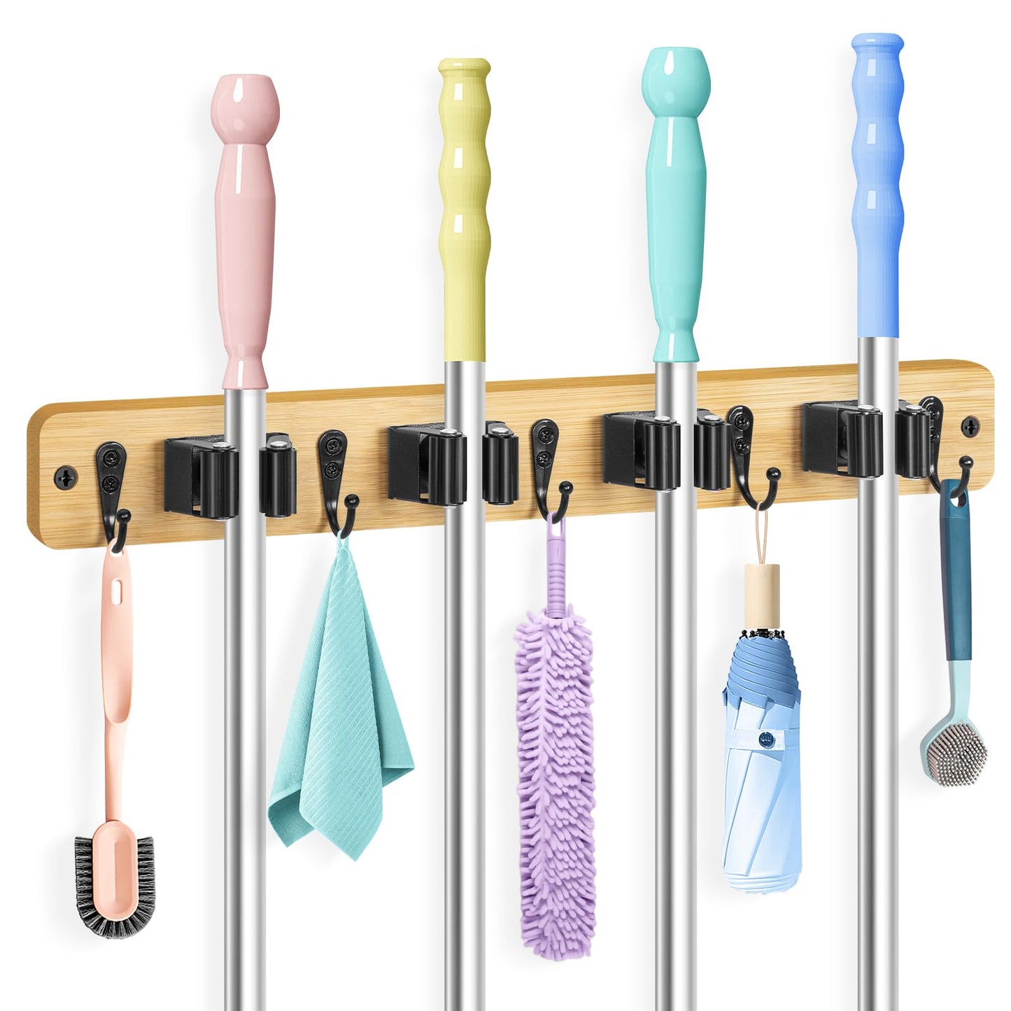 IMILLET Broom Holder Wall Mount, Bamboo Broom Hanger with 4 Racks 5 Hooks, Mop and Broom Holder Wall Mount Self Adhesive, Home Organization and Storage for Laundry Room, Closet, Utility Room (1 Pack)