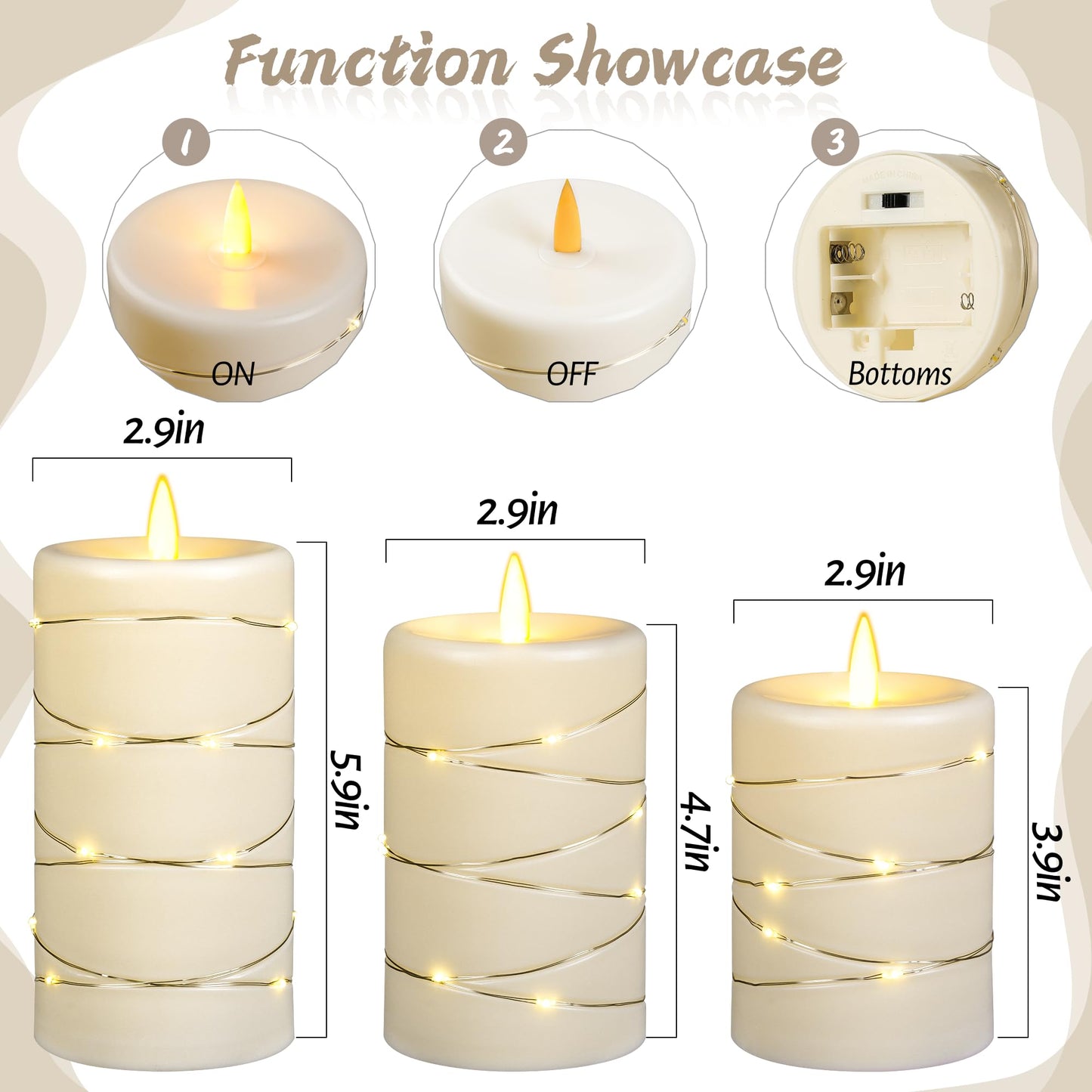 Flameless LED Candles with Timer 3 pc Flickering Flameless Candles for Romantic Ambiance and Home Decoration,with Embedded Star String,Battery Operated Candles
