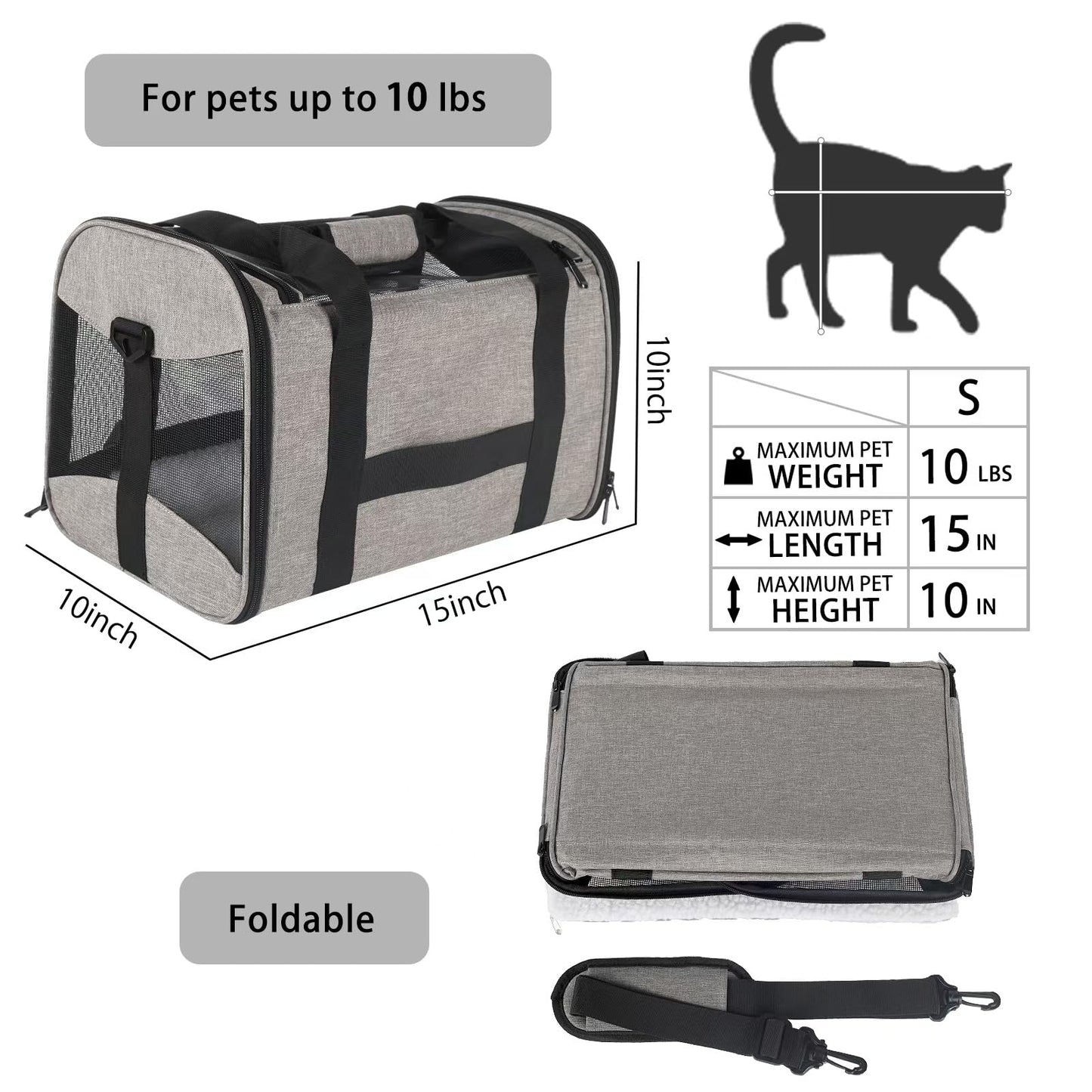 Cat Carrying Case - Pet Carrier Airline Approved, Protable and Breathable Pet Travel Carrier Removable Fleece Pad, Collapsible Cat Carrier Dog Carrier for Medium Cats Small Cats Dogs(15 * 10 * 10)