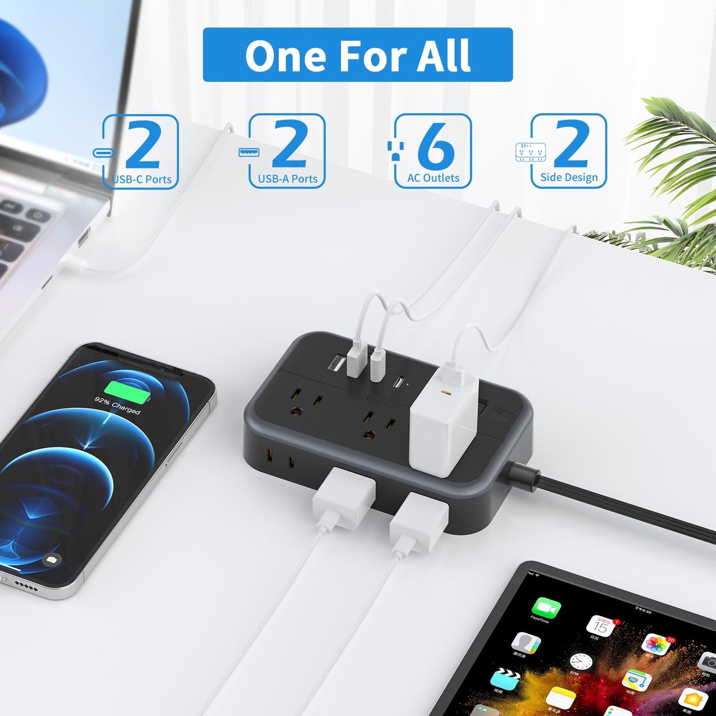 NTONPOWER Surge Protector Power Strip with 6 Outlets 4 USB Charging Station(2 USB C Port), 5 Ft Flat Extension Cord, Outlet Extender for Indoor, Home, Office Supplies, Dorm Room Essentials, Black