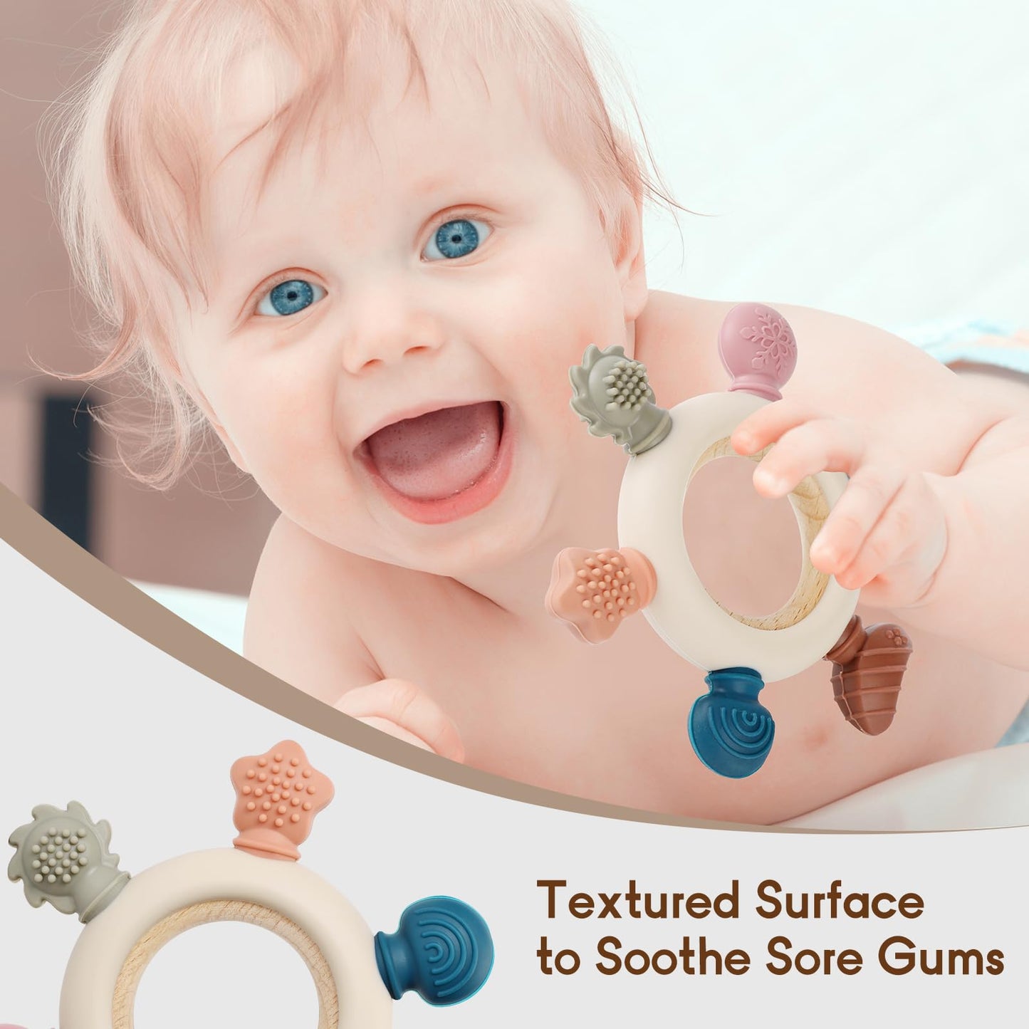 AULEGE 2 Packs Baby Teething Toy for Babies 0-3-6-12,18 Months, BPA Free Silicone & Natural Beech Baby Teething Ring for Teething Relief, Wooden Ring Toy for Newborn Boys, Girls