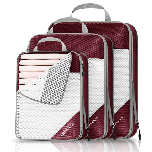 6 Set Compression Packing Cubes for Travel - Compressible, Lightweight, and Space-Saving Packing Cubes, Travel Essentials for Women, Grey