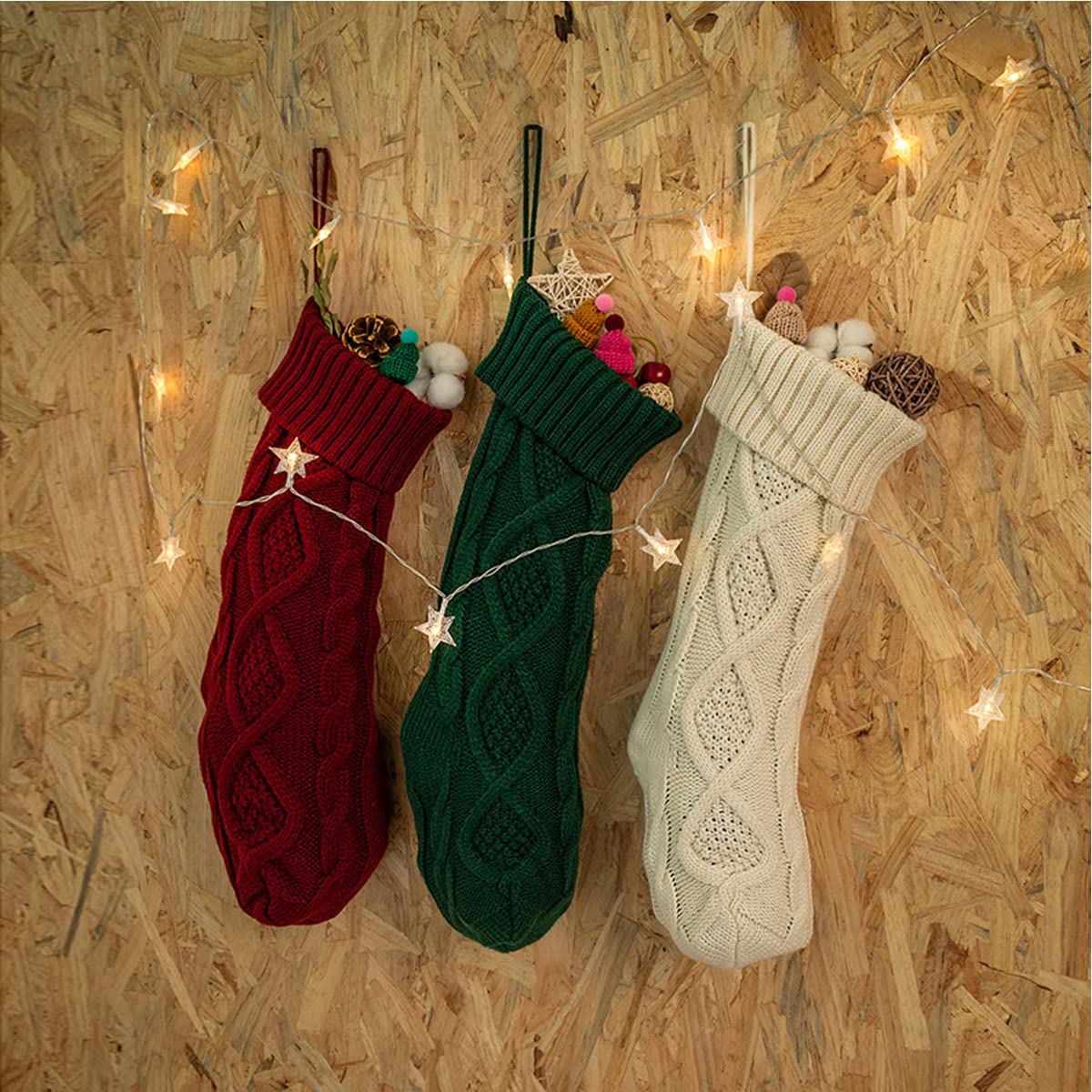 Spencer 18 Inches Knit Christmas Stocking Large Size Knitted Xmas Stocking Gifts Cable Knitted Stockings Fireplace Hanging Stockings for Family Holiday Xmas Party Decorations (Green/Burgundy/White)