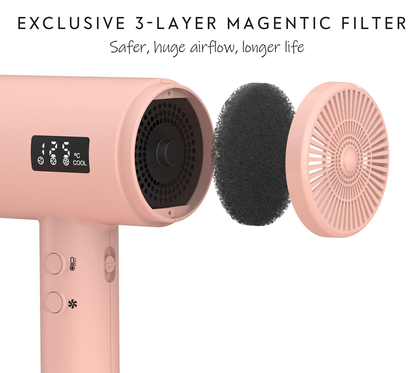 AINA Professional Salon Hair Dryer,2000W Blow Dryer with Diffuser Brush Comb for Women-BLDC Hair Dryer-Brushless Motor 150,000 RPM,Ionic,LED Display,4 Magnetic Attachments 110V/ALCI (Baby Pink)