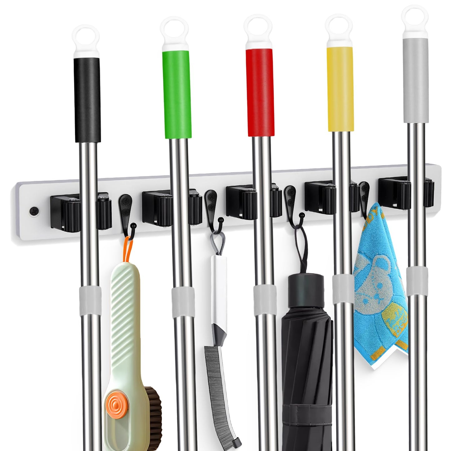 Broom Holder Wall Mount With 5 Slots & 4 Hooks,Rustic Wood Broom & Mop Hanger,Wall Mounted Garden & Garage Tool Storage Organizer Rack for Closet Laundry Room or Kitchen Wall Decor