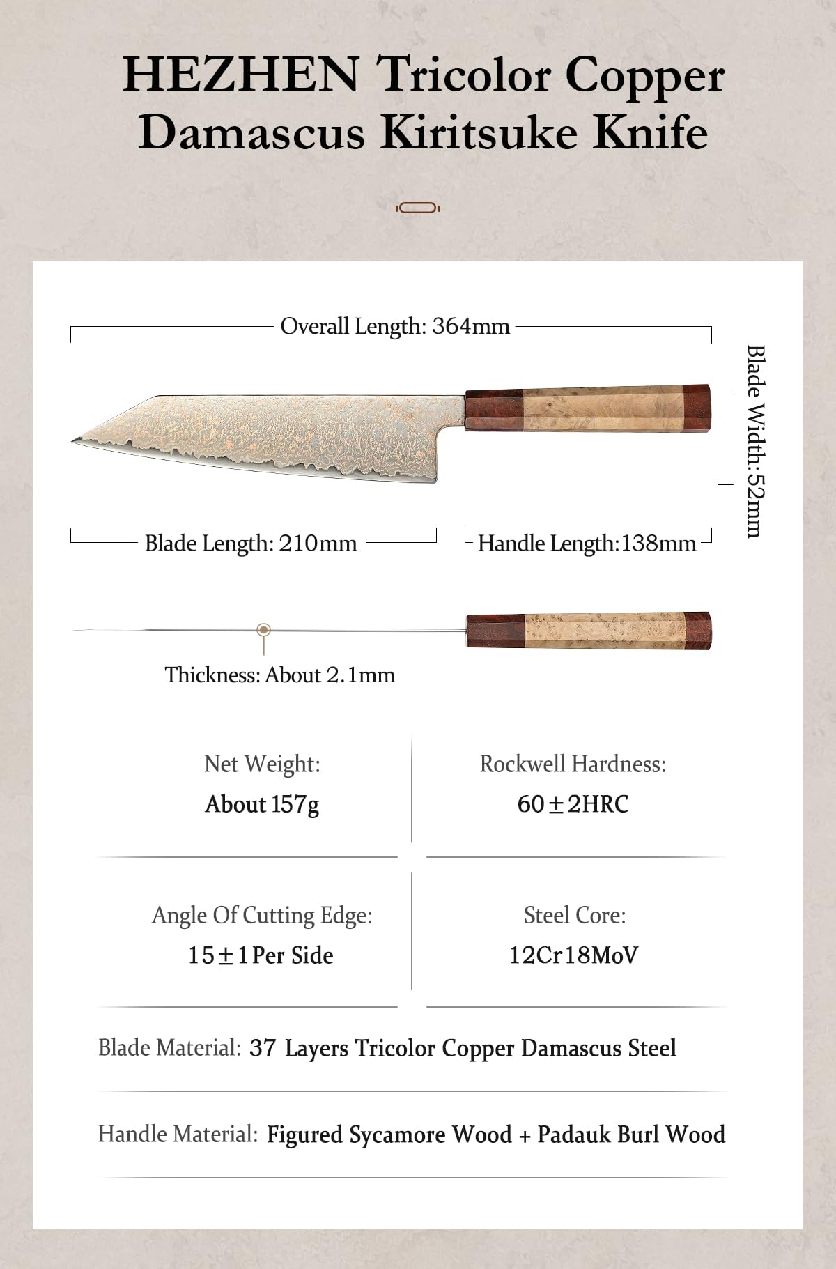 HEZHEN Kiritsuke Chef Knife,8.3 Inch, 37 Layers Tricolor Copper Damascus Steel-Japanese Damascus Knif- Professional Knife for Chefs&Home Cooking-Razor Sharp,Sycamore Wood Handle