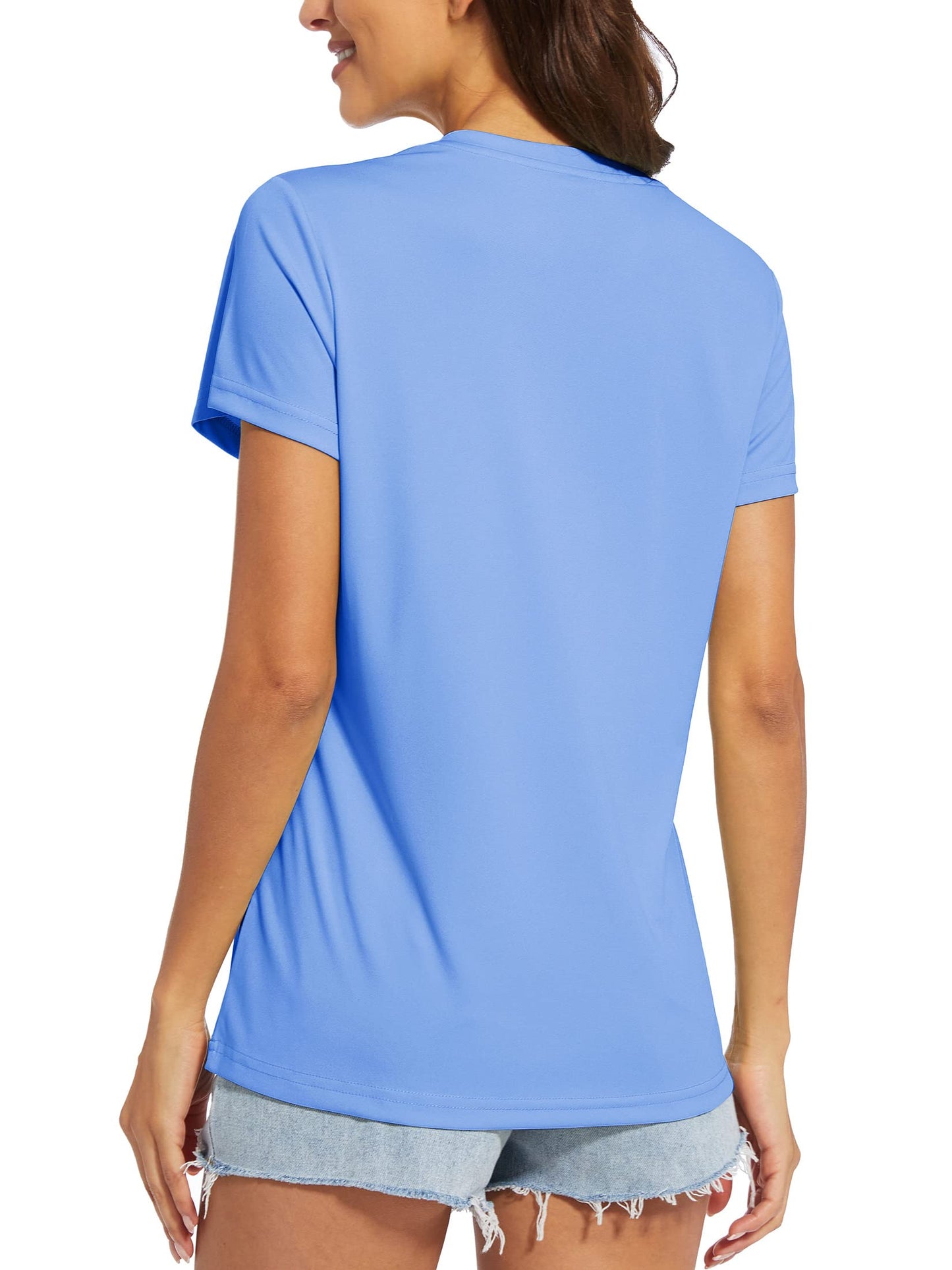 MAGCOMSEN Rash Guard for Women Short Sleeve V Neck Shirts Women Running Shirts for Women Dry Fit Workout Shirts Light Blue S