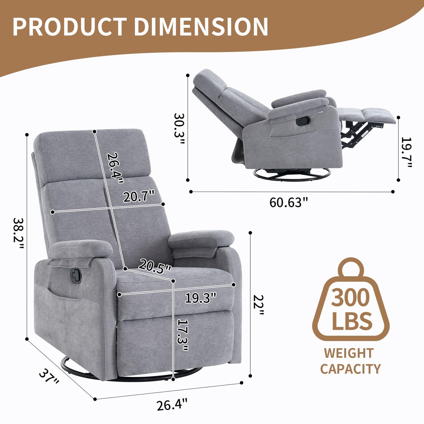 Zuacs Recliner Chair,Swivel Rocking Chair Nursery,Small Rocker Recliner for Small Spaces, Glider Recliner Nursery Chair for Adults with Side Pockets for Living Room, RV, Upholstered Fabric Grey